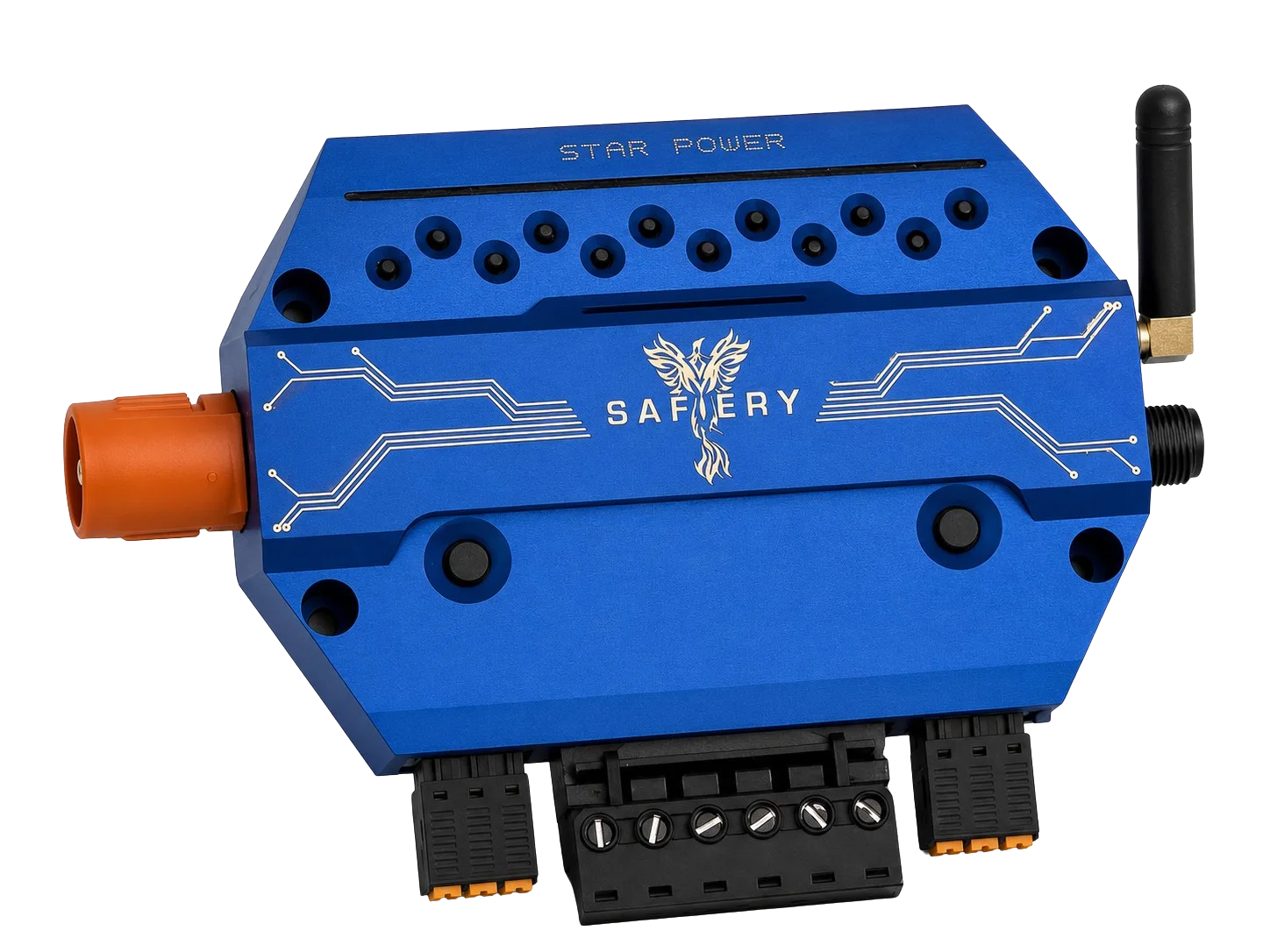 STAR-Power digital switching — blue billet case with DC input connector and twelve output channels