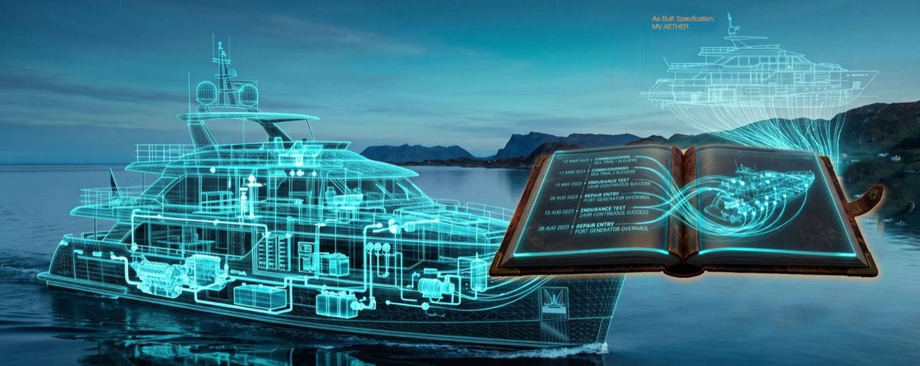 A motor yacht shown as a glowing digital twin of its systems, beside an open vessel log recording commissioning, sea trials, an endurance test and a generator overhaul, and its as-built specification