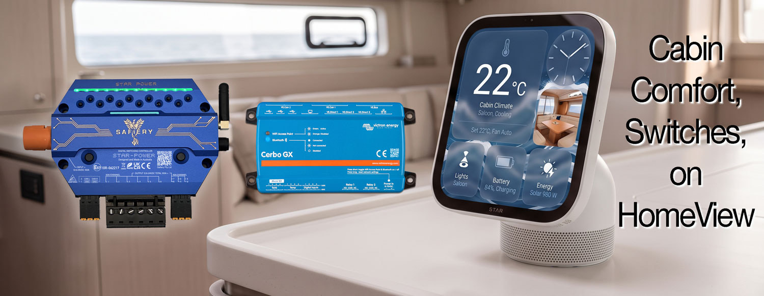 Cabin comfort, switches, on HomeView: a STAR-Power controller and Victron Cerbo GX beside a STAR HomeView display showing cabin climate 22 degrees, lights, battery and solar