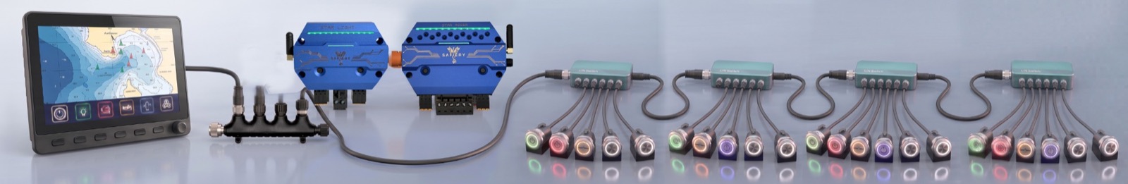 An MFD and NMEA 2000 backbone connected to STAR-Light and STAR-Power controllers, then four LIN switch nodes in a chain, each with six stainless RGB push buttons