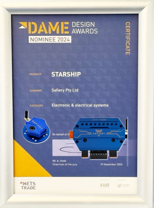 DAME Design Awards nominee 2024 certificate for Safiery's STARSHIP, electronic and electrical systems category