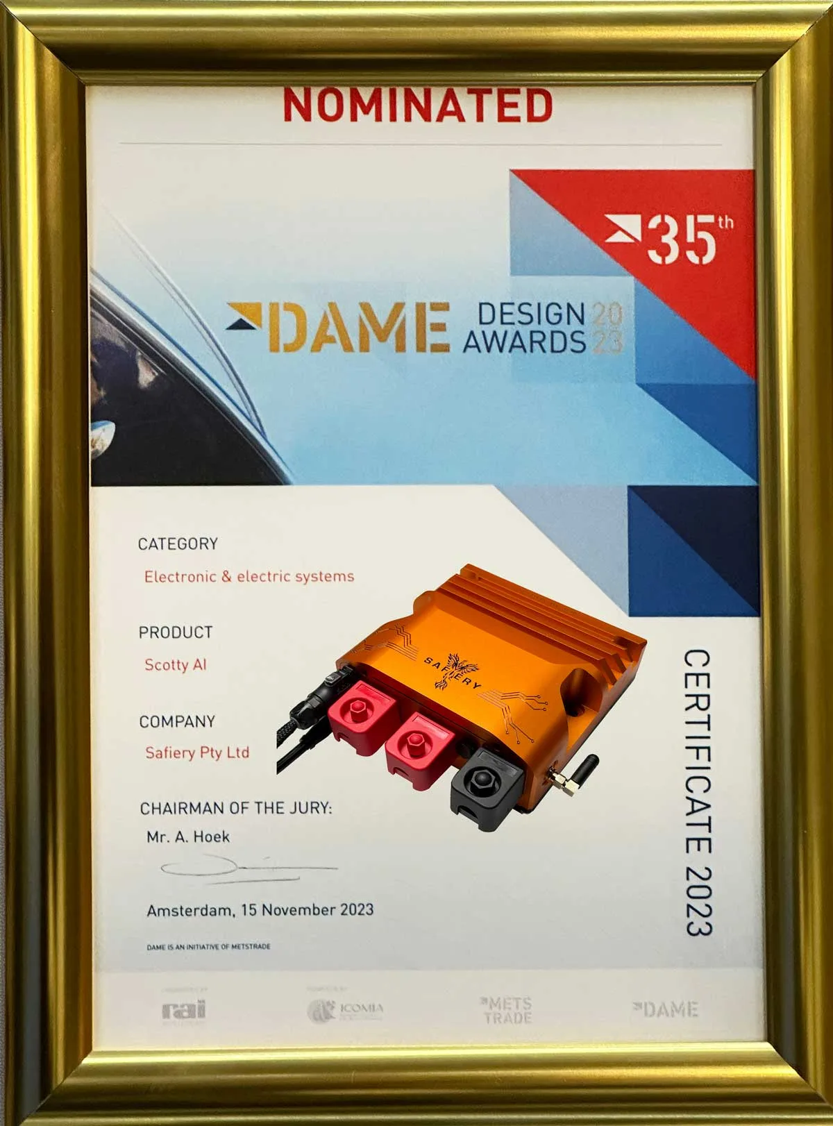 Scotty AI's DAME Award nomination certificate