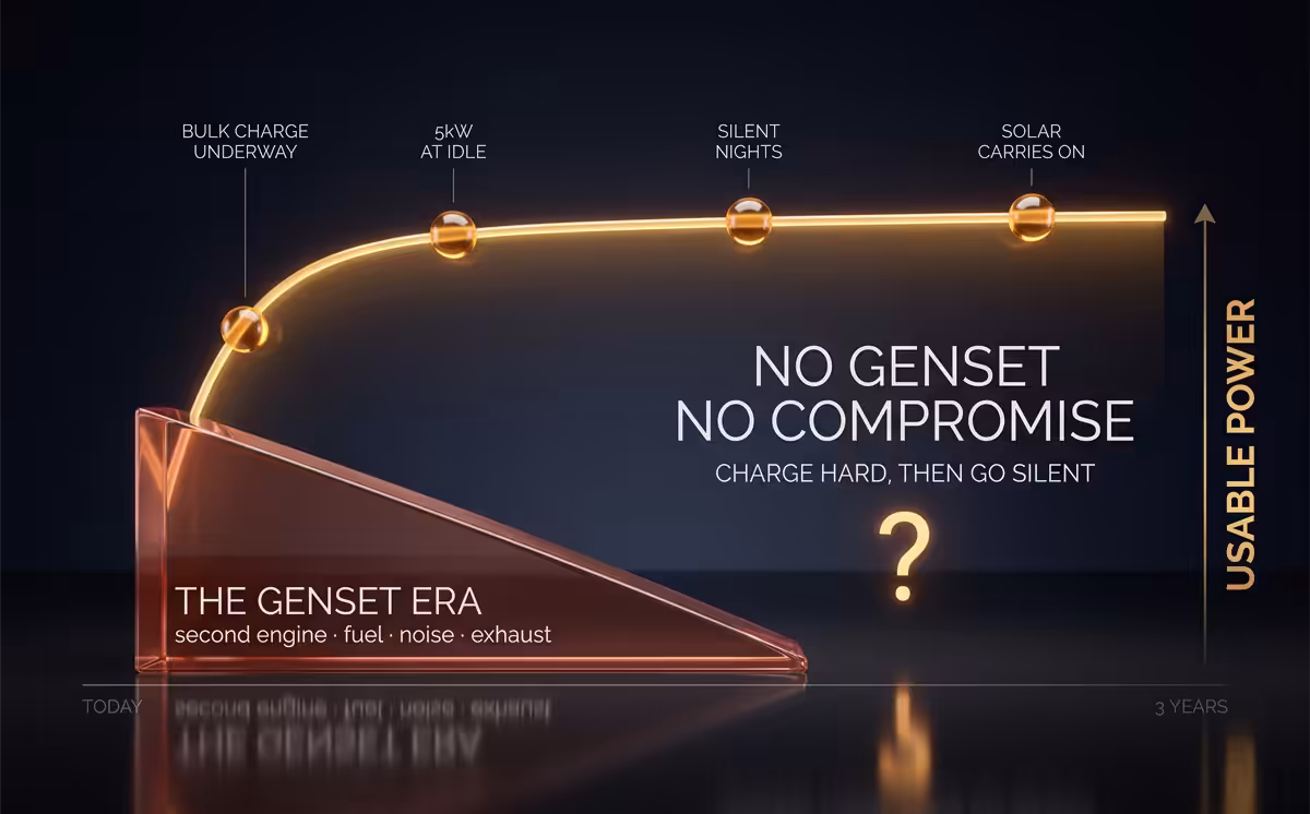 Genset era is over — charge hard as you can, then go silent