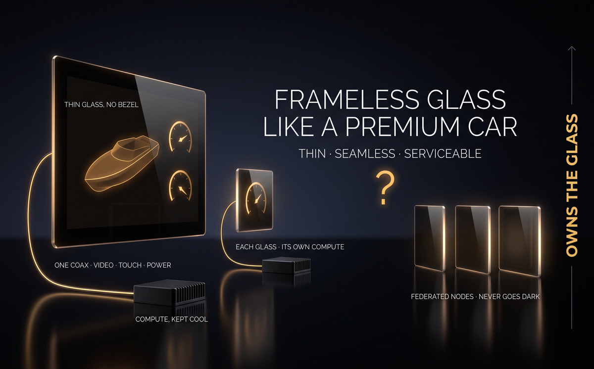 Frameless glass, universal displays throughout the boat