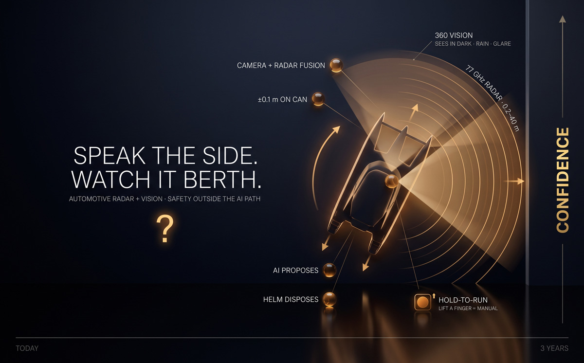 Auto-docking uses radar and cameras — just speak the side to dock
