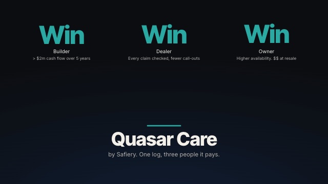 Quasar Care animation: one vessel log follows the boat from builder to dealer to owner, ending in a win for each - builder cash flow, fewer dealer call-outs, and higher owner availability and resale value