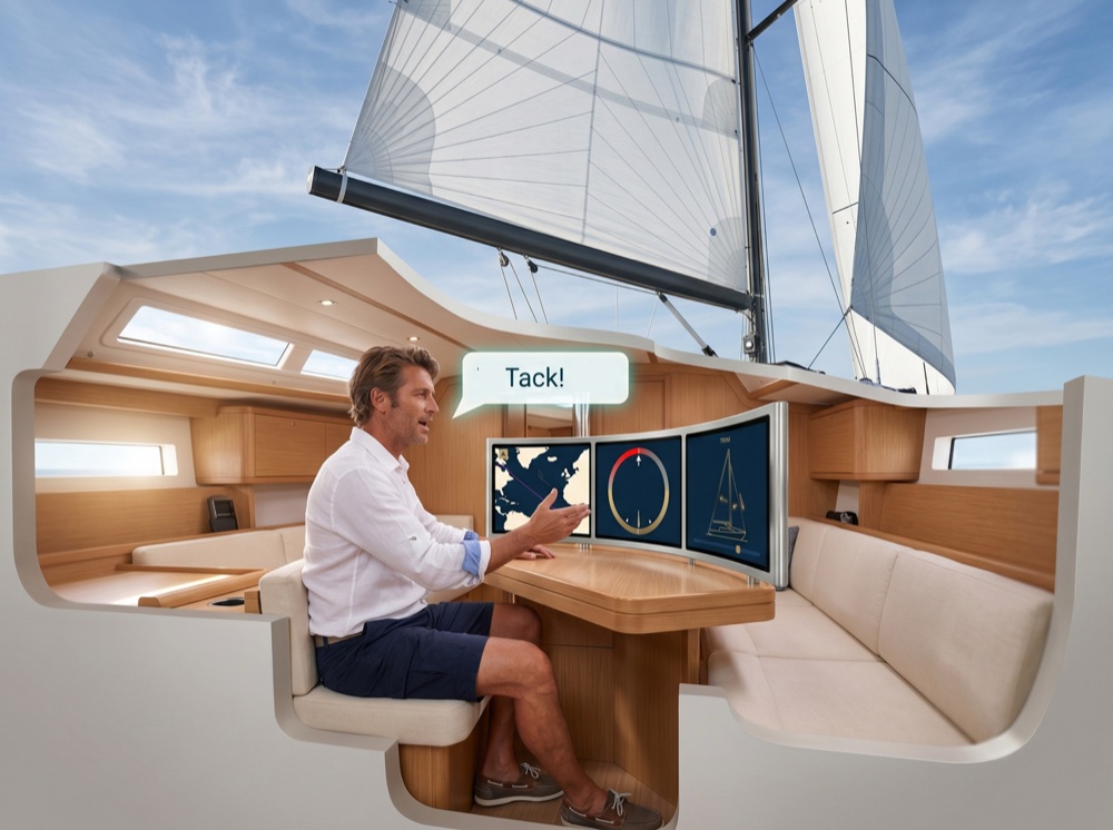 A skipper seated at a curved three-screen chart, heading and trim display below deck says "Tack!" while the yacht sails itself