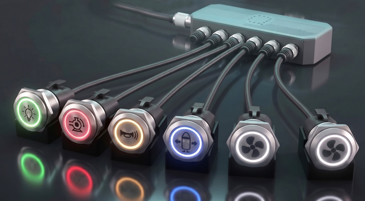 Six stainless push buttons with green, red, amber, blue and white RGB rings and laser-marked icons, each on a braided cable to a LIN switch node