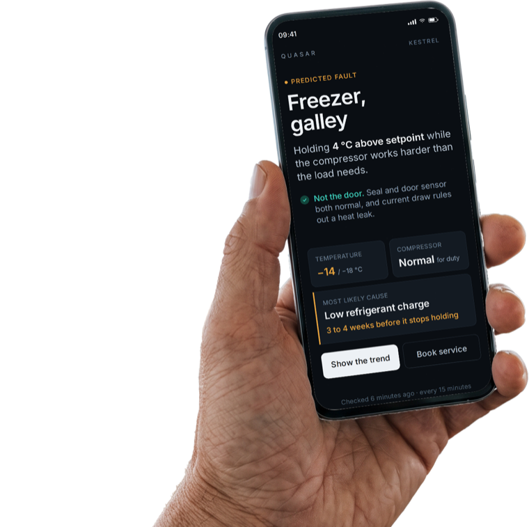 Quasar Care on a phone: a predicted fault for the galley freezer, holding 4 degrees above setpoint, with the most likely cause, low refrigerant charge, 3 to 4 weeks before it stops holding, and buttons to show the trend or book service