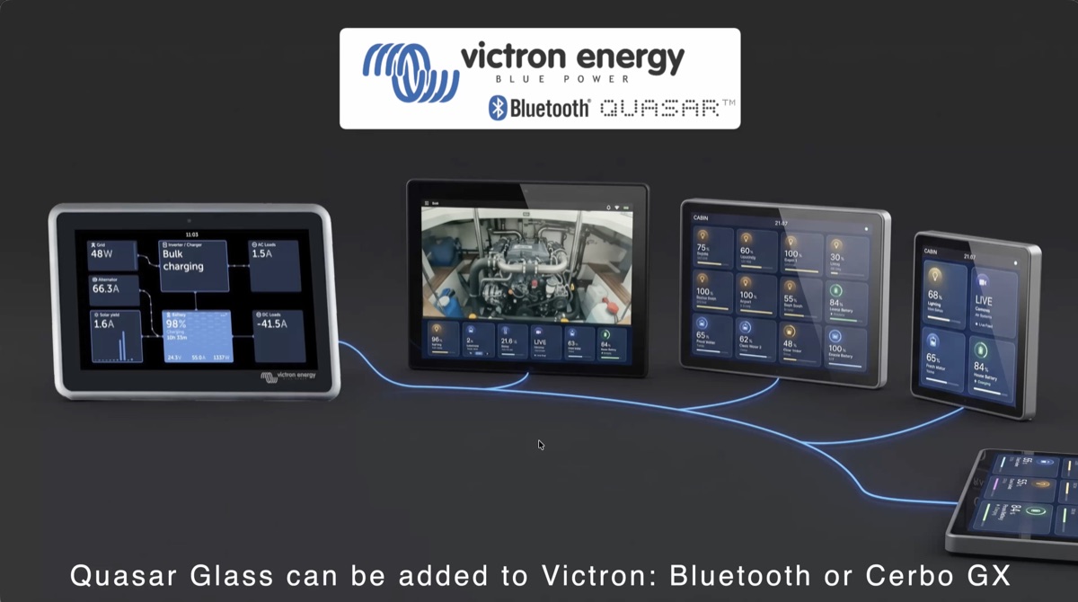 Quasar Glass added to Victron by Bluetooth or Cerbo GX: a Victron touch display joined by 4, 7 and 10 inch Quasar Glass screens showing a live engine room camera, cabin lighting, tanks and batteries