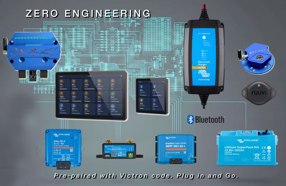 Zero engineering: Quasar Glass displays read a STAR-Light controller, STAR-Tank, a Ruuvi sensor and Victron Bluetooth devices (Blue Smart charger, Orion XS, SmartShunt, SmartSolar MPPT and Lithium SuperPack NG). Pre-paired with Victron code. Plug in and go.