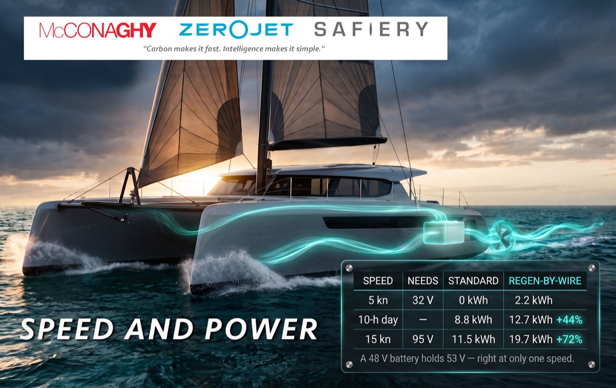 McConaghy, ZeroJet and Safiery electric catamaran under sail, "Speed and power". Regen-by-wire recovers 2.2 kWh at 5 knots where a standard system recovers none, 12.7 kWh over a 10-hour day (+44%) and 19.7 kWh at 15 knots (+72%).