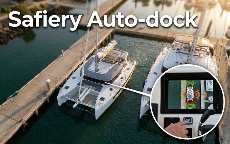 Safiery Auto-dock: a catamaran berthing itself between pontoons, with an inset of the helm display showing radar proximity zones around the hull and a finger pressing the AUTO DOCK button