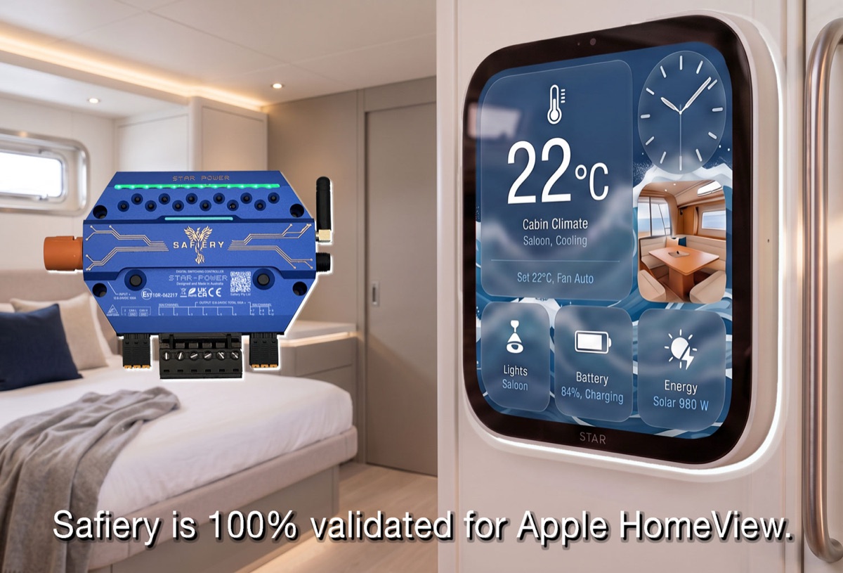 STAR-Power controller in a yacht cabin beside a STAR wall display showing cabin climate 22 degrees, lights, battery 84% charging and solar 980 W. Safiery is 100% validated for Apple HomeView.