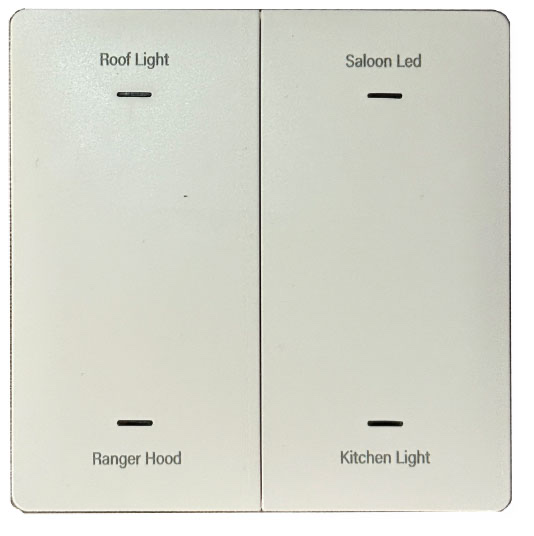 White STAR-Switch battery wall switch with four labelled buttons: Roof Light, Saloon LED, Ranger Hood and Kitchen Light