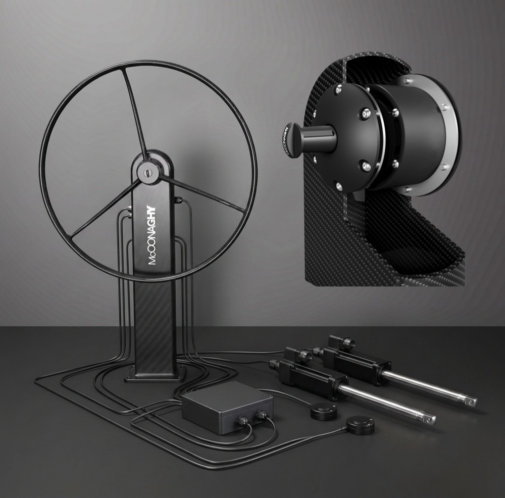 McConaghy carbon helm wheel and pedestal with its steer-by-wire controller, electric rudder actuators and sensors, plus a close-up of the helm unit