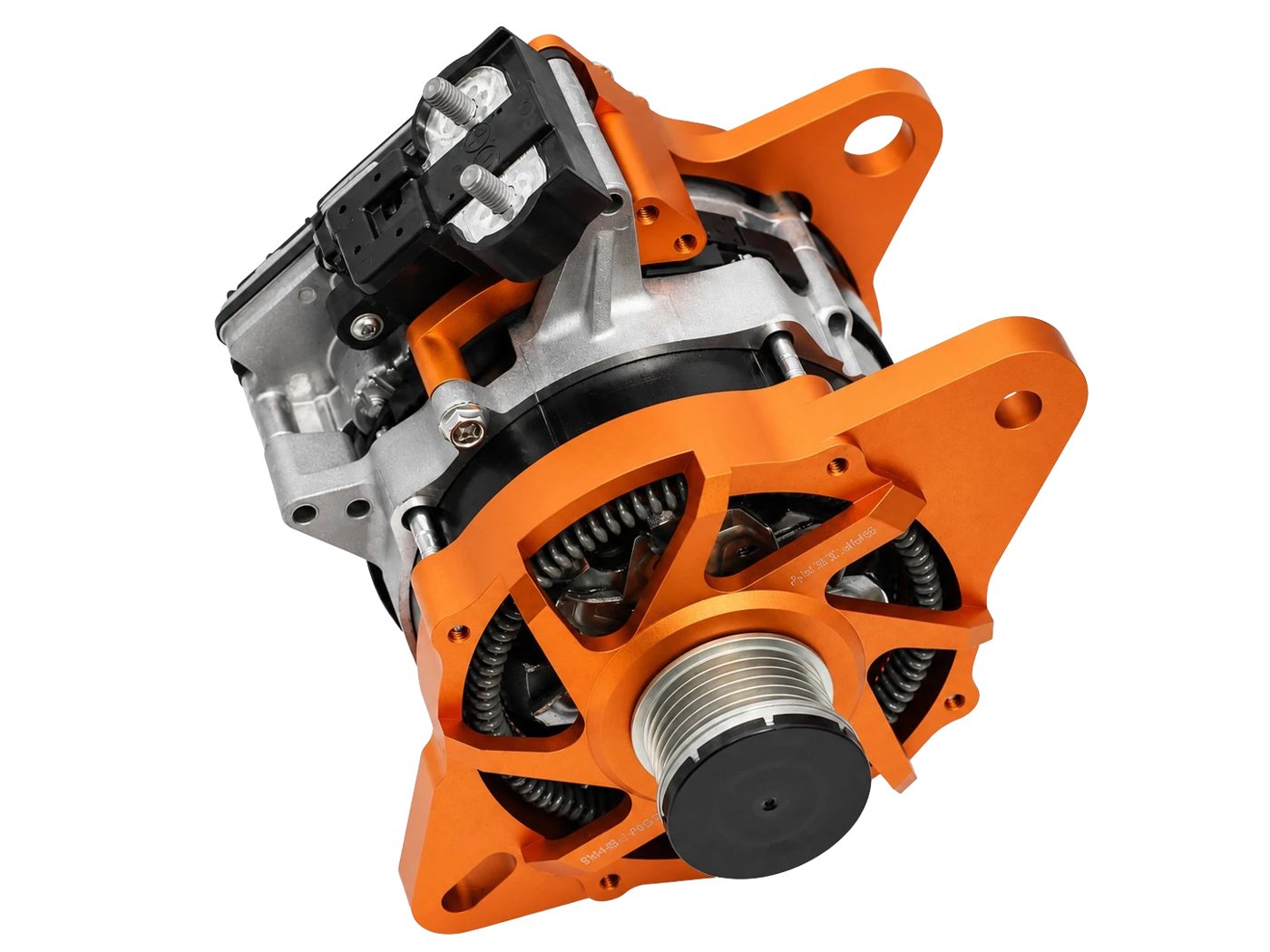Safiery 48V Belt Motor Generator with its orange billet housing