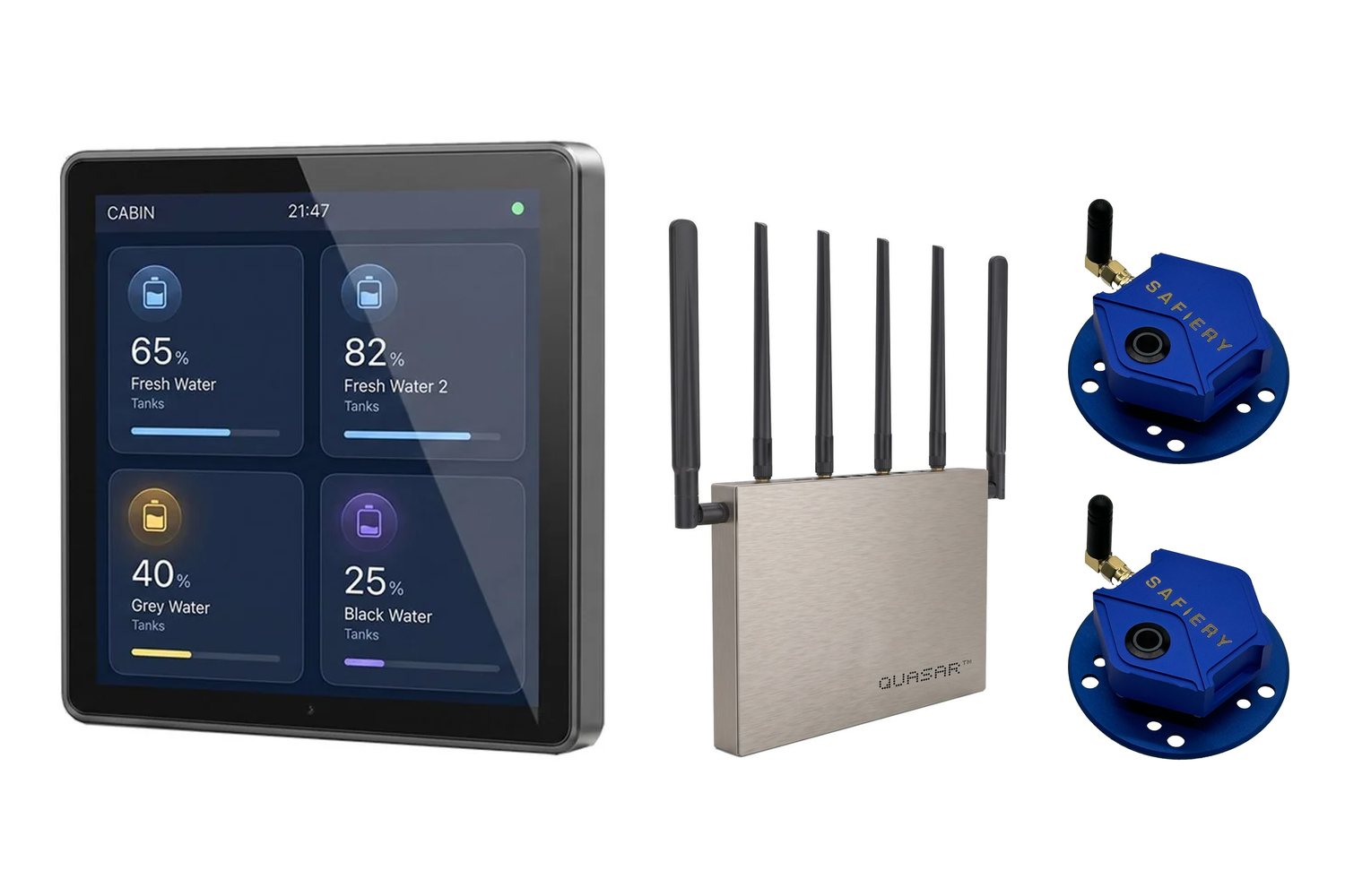 The Quasar Glass Tank bundle: a Quasar Glass 4 touchscreen showing tank tiles, a Quasar Glass Router and two STAR-Tank radar sensors