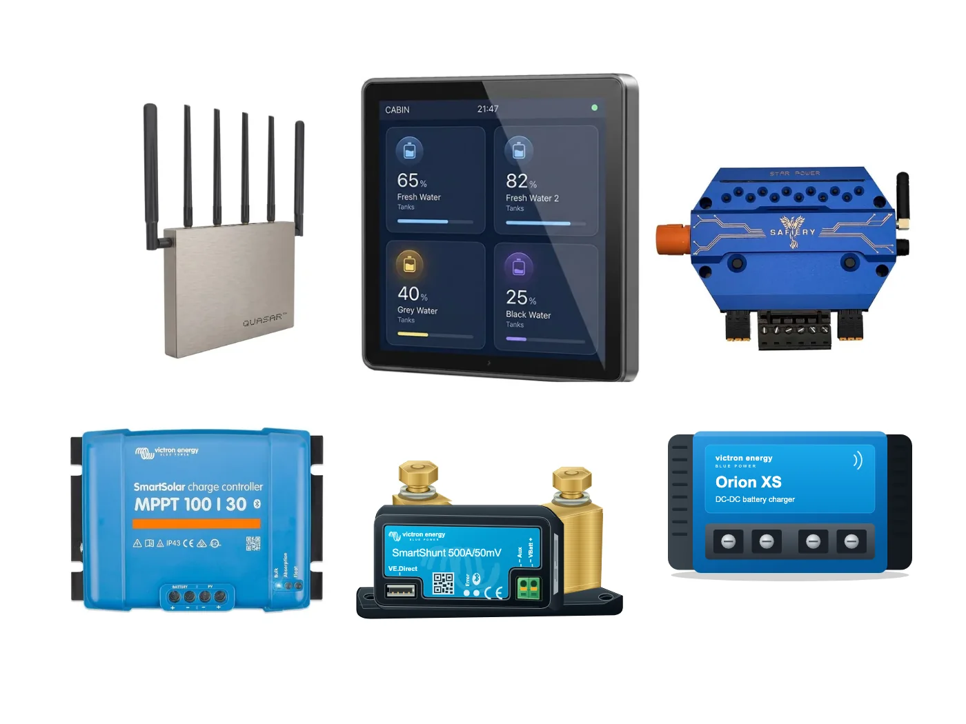 The six products in Quasar Glass Power: Glass Router, Quasar Glass 4, STAR-Power, SmartSolar MPPT, SmartShunt and Orion XS