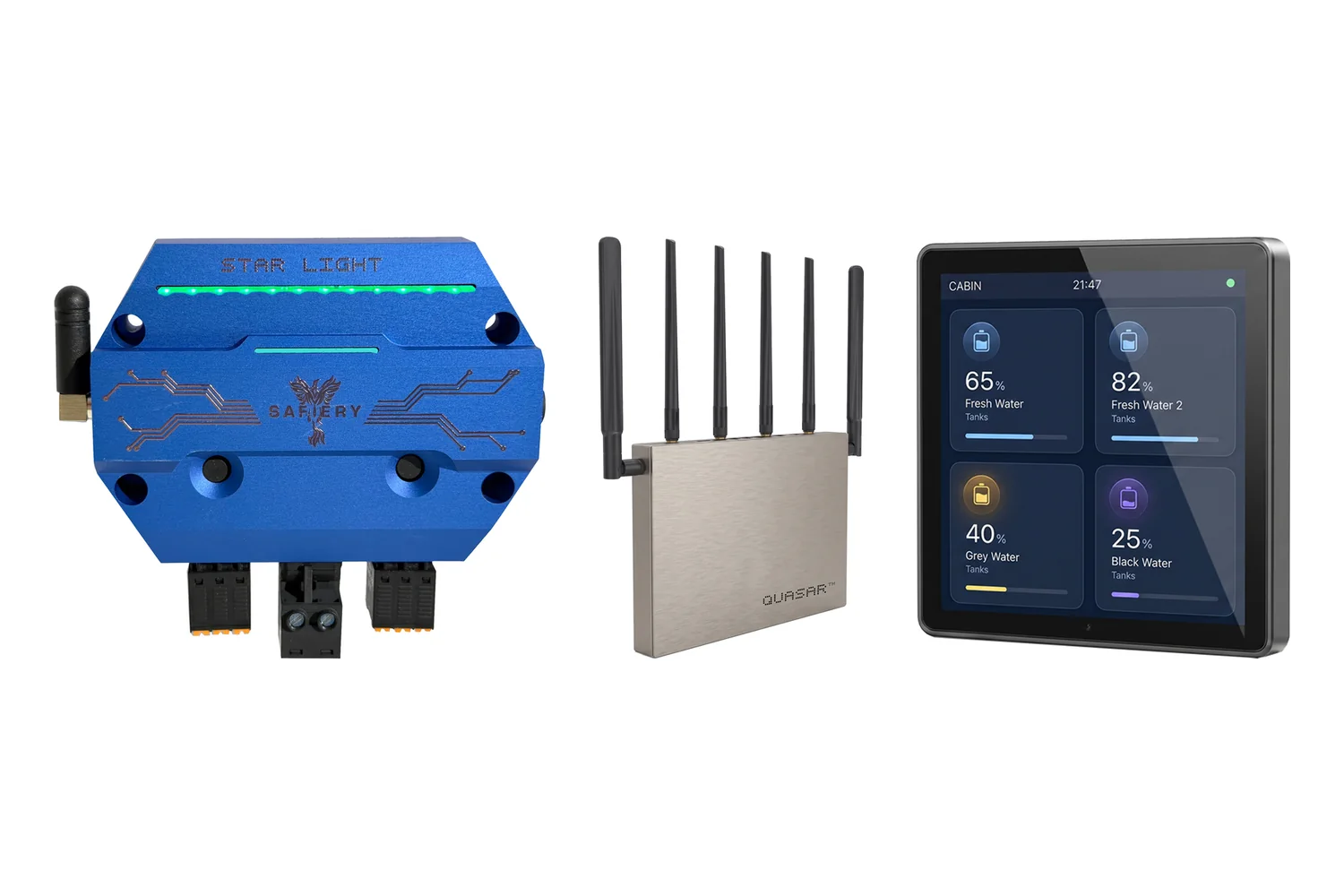 The Quasar Glass Control bundle: a blue STAR-Light switching controller, the Quasar Glass Router with six antennas, and a Quasar Glass 4 touchscreen
