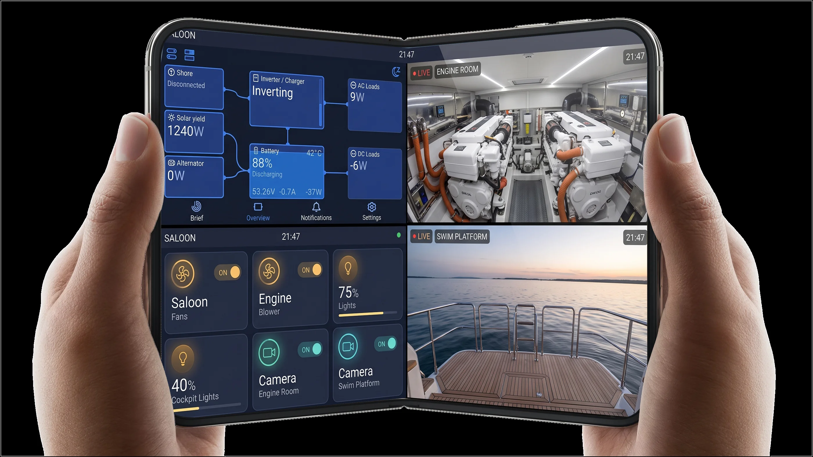 Brochure illustration of Quasar Glass with power controls, camera views and system tiles
