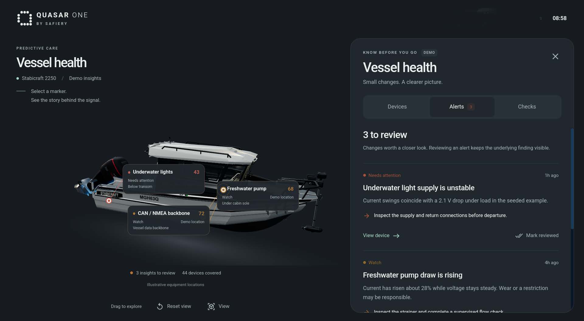 Brochure demo of vessel health with annotated boat and example underwater-light, pump and CAN backbone alerts