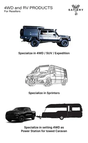 Safiery 4WD and RV reseller brochure cover with off-road vehicles, a Sprinter and a caravan
