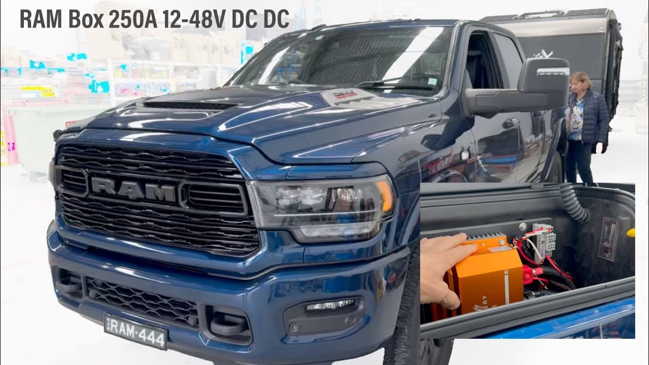 RAM 2500 Towing Caravan Charging with Scotty AI DC DC 12 48V 250A in Ram Box