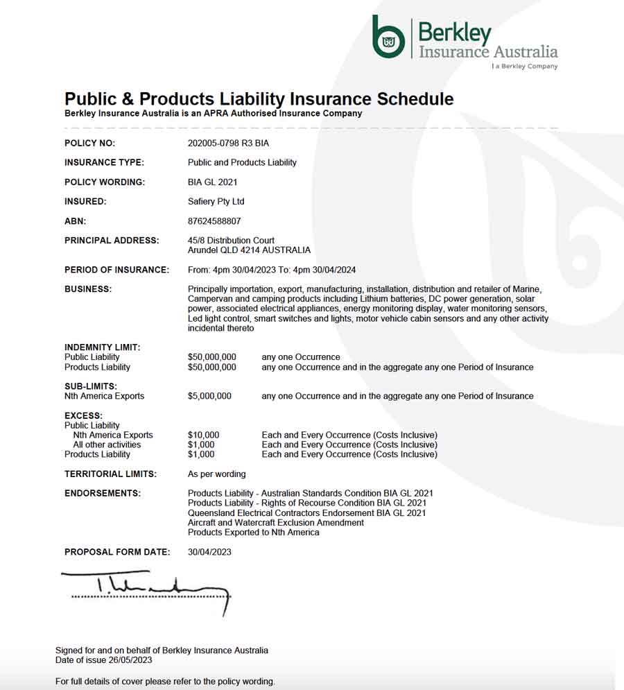 Insurance Certificate of Currency includes Lithium Batteries