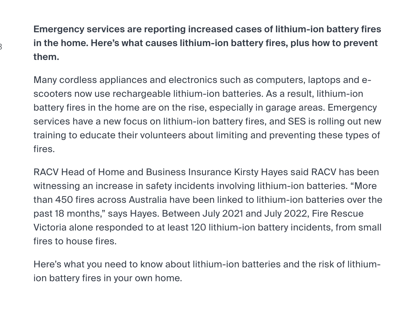 RACV notice on increased lithium battery fires in the home.