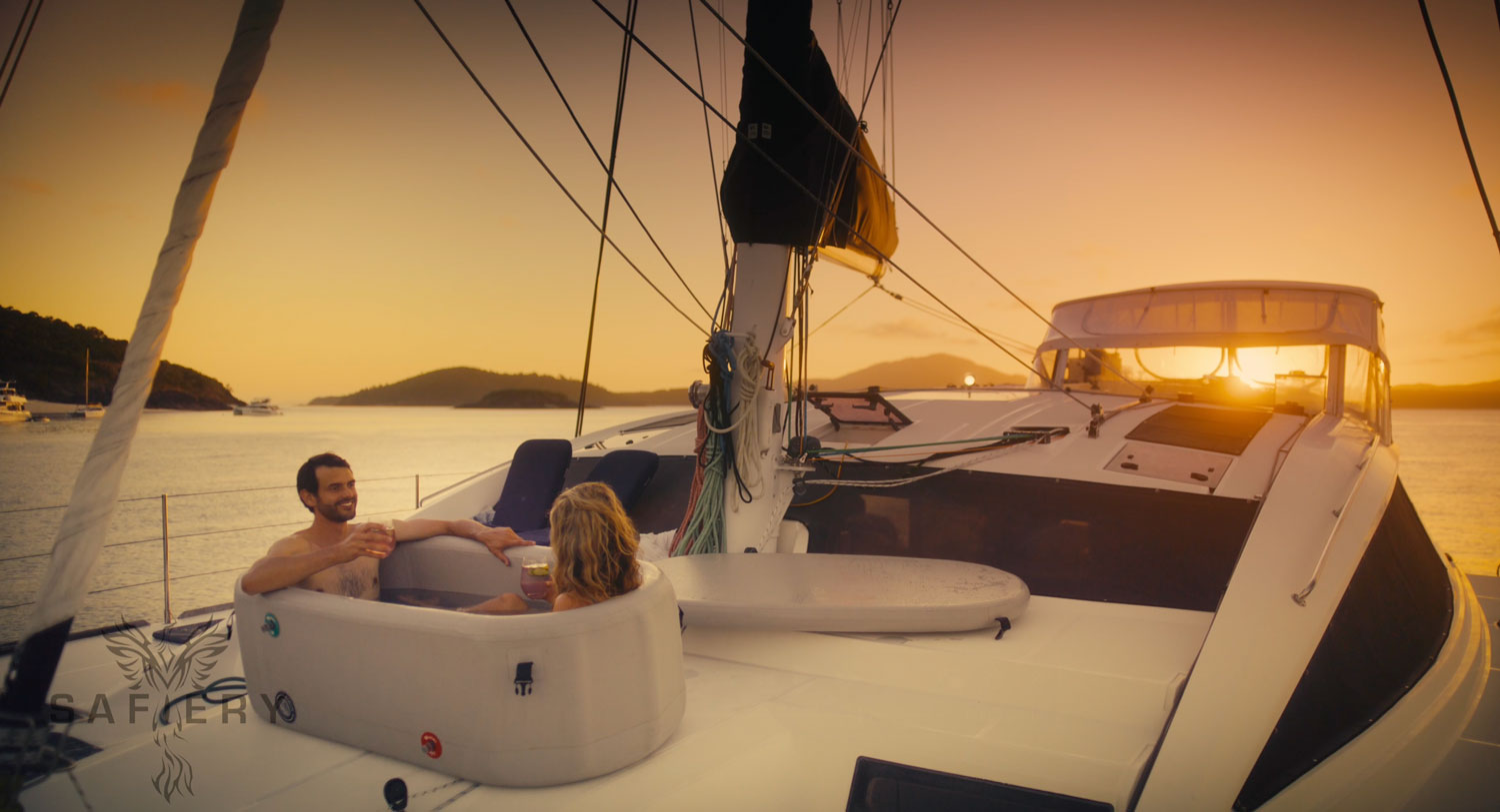 In the spa on catamaran with plenty of energy