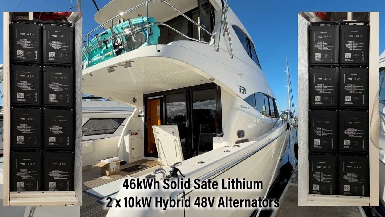 Fishing boat with 46kWh Solid State Lithium and 2 Motor Generators in lieu of alternators at 10kw each