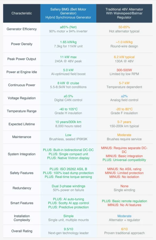 How the BMG 10,00W charging compares to a 48V alternator with Wakespeed regulator